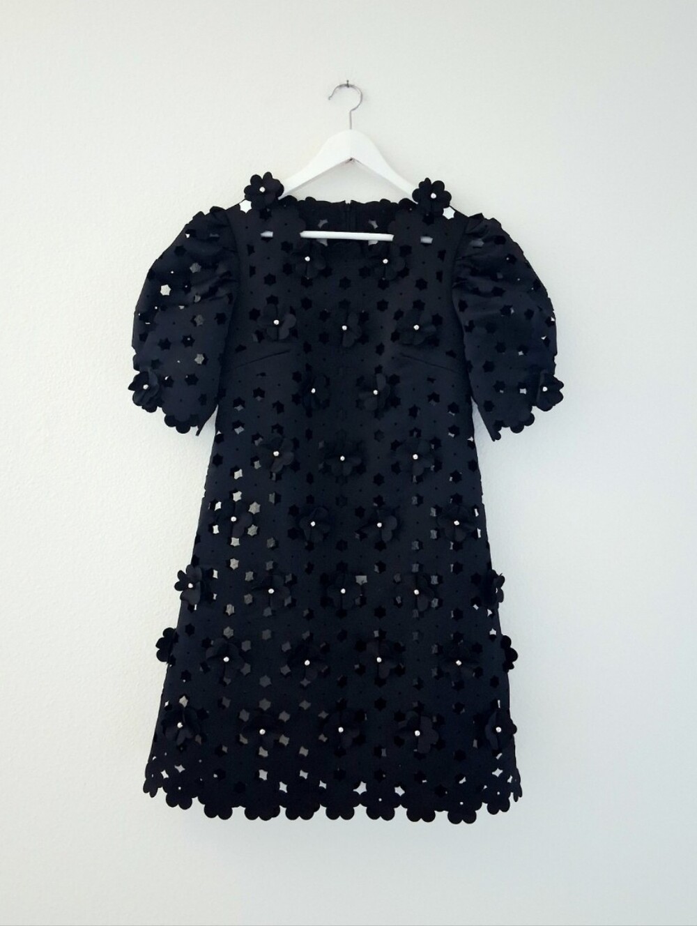 Paskal Black Laser Cut Floral Applique Puff Sleeve A Line Mini Dress